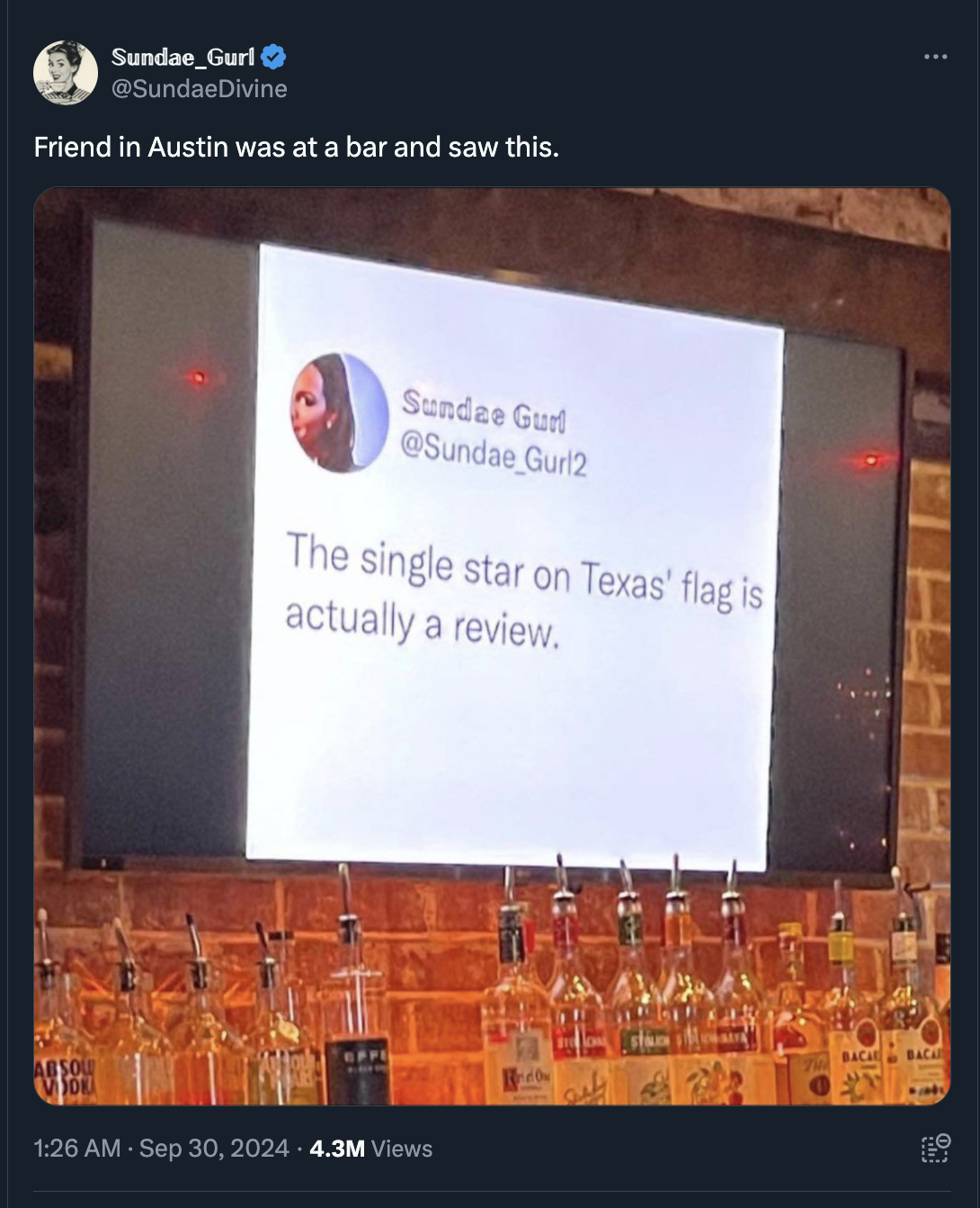 flat panel display - Sundae_Gurl Friend in Austin was at a bar and saw this. Sundae Gur Gurl2 The single star on Texas' flag is actually a review. Absou 500 4.3M Views